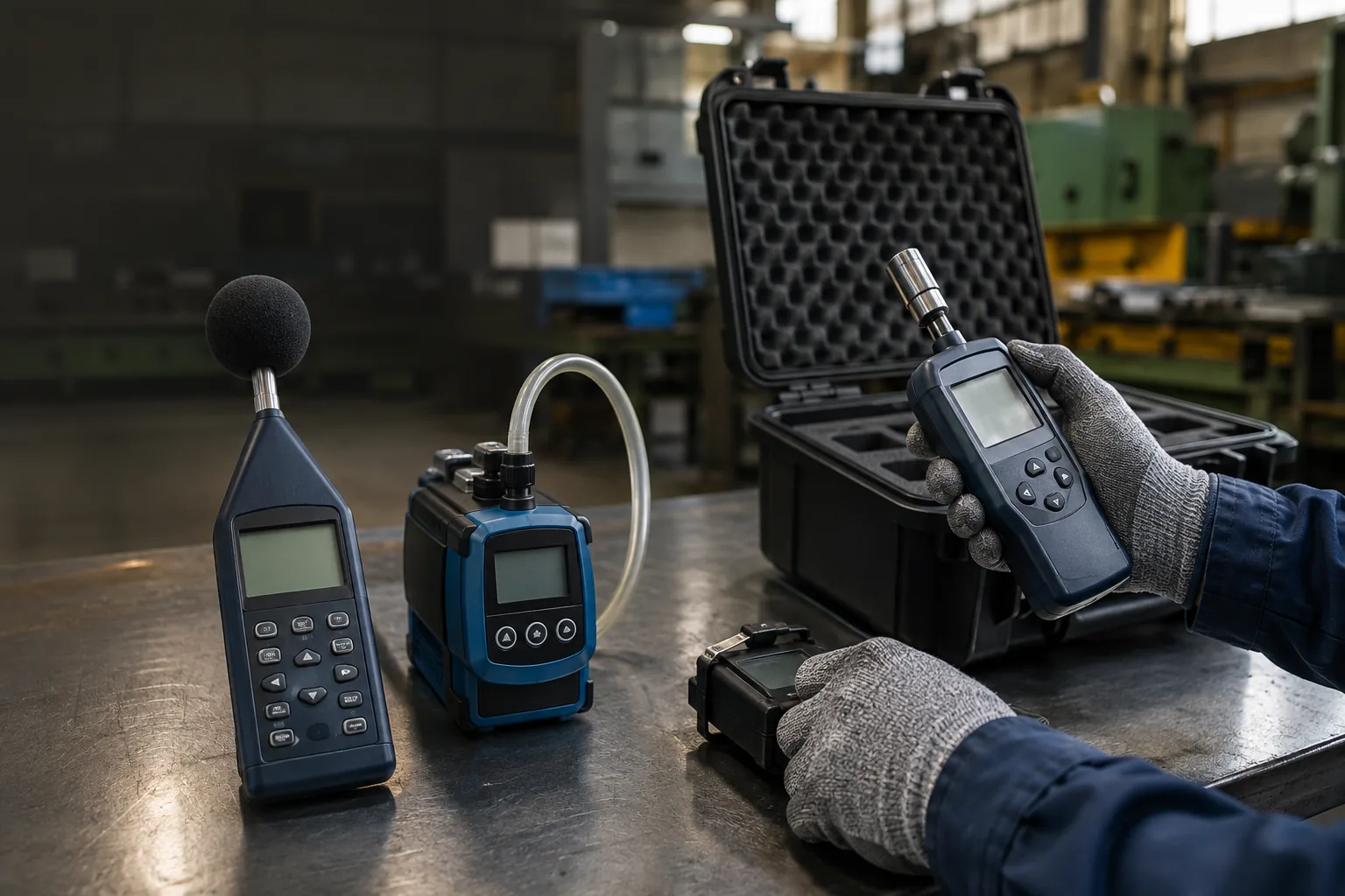 Equipamentos de medição e higiene ocupacional preparados para inspeção técnica